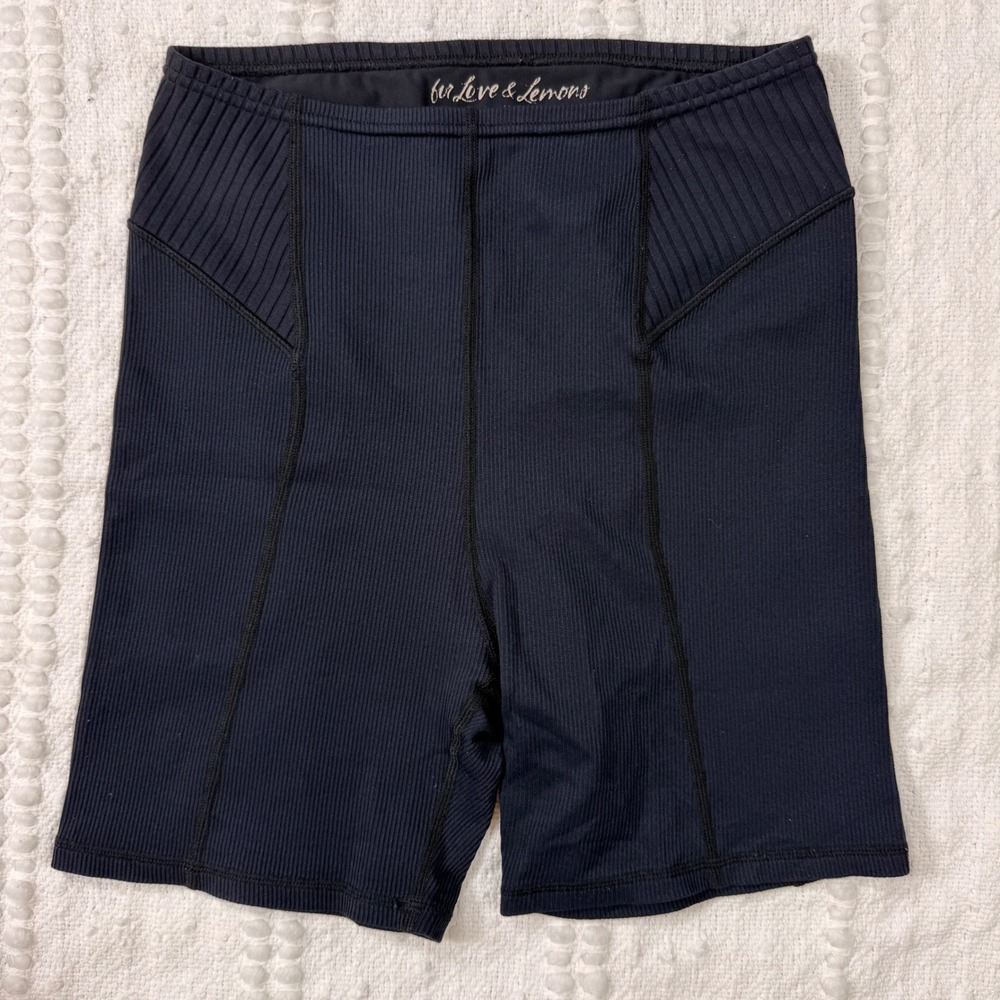 For Love & Lemons Womens Black Ribbed Paneled High Waisted Biker Shorts Size M